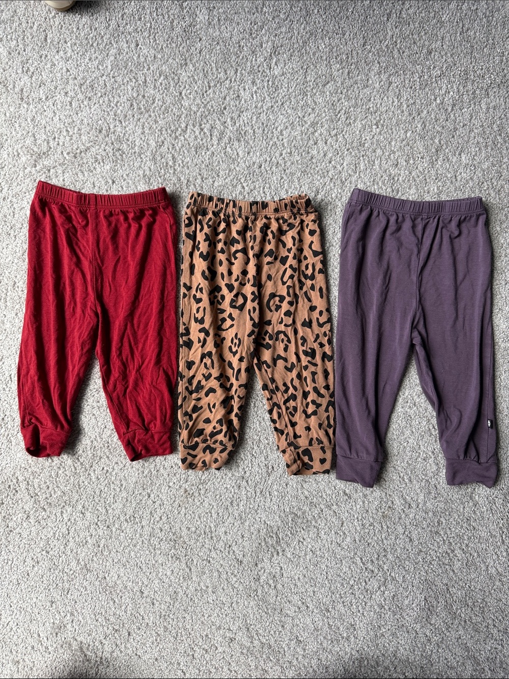 Kyte BABY 3-Pack' pants in Red, Leopard Print, and Purple 6-12 mo